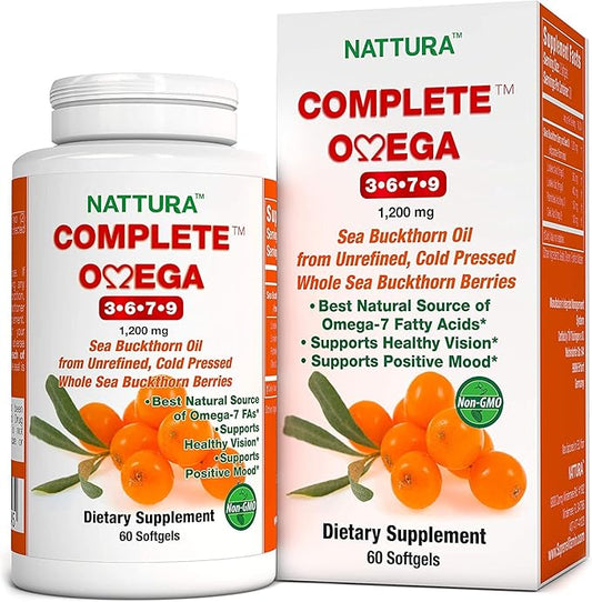 Nattura Complete Omega 3-6-7-9, Pure Sea Buckthorn Oil, European Quality, from Unrefined, Cold Pressed Whole Sea Buckthorn Wild Berries - Non-GMO, Certified Kosher, Gluten-Free 1 Bottle - 60 Capsules