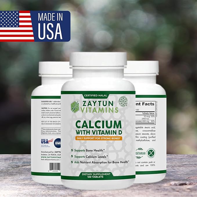 Zaytun Halal Calcium 650 mg + Vitamin D3 for Bone Health, Boosts Calcium Absorption, 1 Per Day, Made in USA, Vegetarian, Halal Certified, 4 Month Supply