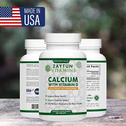 Zaytun Halal Calcium 650 mg + Vitamin D3 for Bone Health, Boosts Calcium Absorption, 1 Per Day, Made in USA, Vegetarian, Halal Certified, 4 Month Supply
