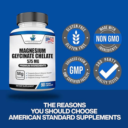American Standard Supplements Magnesium Glycinate 575mg per Serving, 90 Veggie Capsules, Magnesium Supplement for Bone & Muscle Health, Chelated for Maximum Absorption