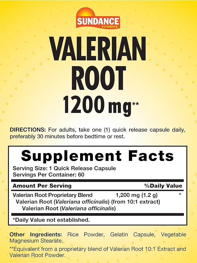 Sundance Valerian Root Supplement | 1,200mg | 60 Quick Release Capsules | Non-GMO and Gluten Free Formula