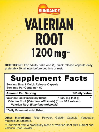 Sundance Valerian Root Supplement | 1,200mg | 60 Quick Release Capsules | Non-GMO and Gluten Free Formula
