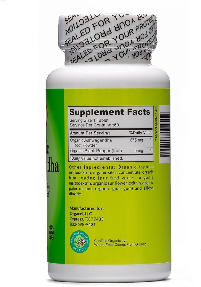 Organic Ashwagandha, 675 Mg, 60 Tablets, Stress Relief, Positive Mood, Improved Concentration and Focus, Relaxation