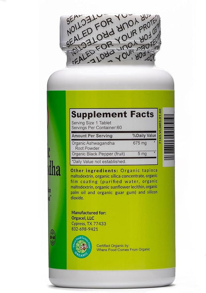 Organic Ashwagandha, 675 Mg, 60 Tablets, Stress Relief, Positive Mood, Improved Concentration and Focus, Relaxation
