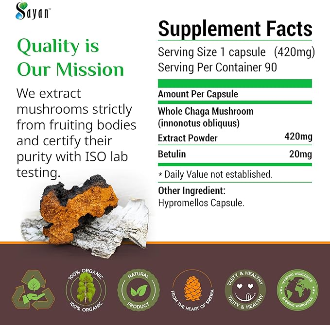 Sayan Siberian Chaga Mushroom Extract with Betulin – 90 Capsules/440mg ea – Wild-Harvested Antioxidant Blend – Immune System Support & Regulate Body Functions – Vegan, Non-GMO, No Fillers or Additives