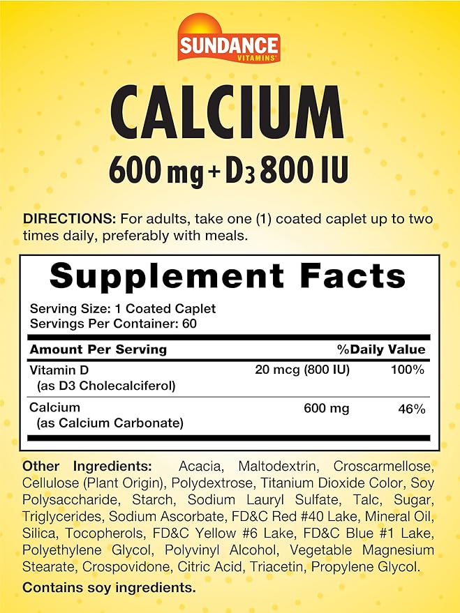 Sundance Calcium 600mg with D3 | 60 Caplets | Vegetarian, Non-GMO, and Gluten Free Supplement