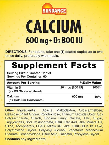 Sundance Calcium 600mg with D3 | 60 Caplets | Vegetarian, Non-GMO, and Gluten Free Supplement