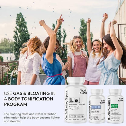 Youth & Tonic Activated Charcoal Pills for Bloating and Gas Relief to Soothe The Stomach and Digestive System Detox with Peppermint & Organic Coconut Oil, for Men & Women - 60 Liquid Capsules