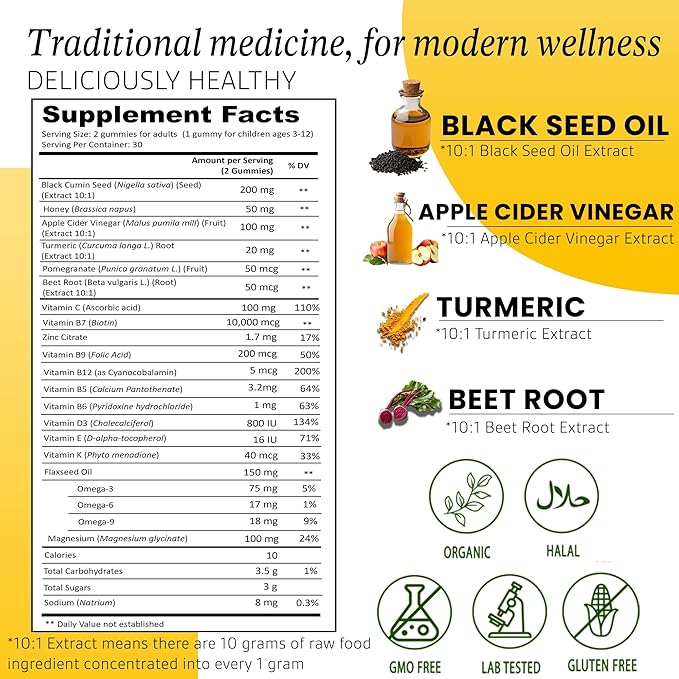 Siraj Organic Black Seed Oil Gummies w/Honey &15% Thymoquinone | Multivitamin for Immune Support, Stress Relief Gummy Vitamins | Turmeric, Apple Cider Vinegar, Multivitamin Gummies