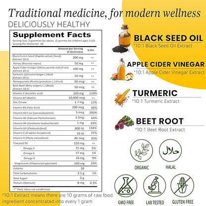 Siraj Organic Black Seed Oil Gummies w/Honey &15% Thymoquinone | Multivitamin for Immune Support, Stress Relief Gummy Vitamins | Turmeric, Apple Cider Vinegar, Multivitamin Gummies