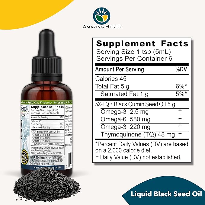 Amazing Herbs Premium Black Seed Oil - Gluten Free, Non GMO, Cold Pressed Nigella Sativa Aids in Digestive Health, Immune Support, Brain Function, Joint Mobility - 1 Fl Oz