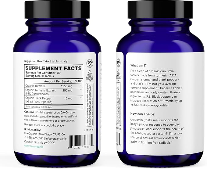 Ora Organic Turmeric Curcumin with Piperine - Pure Extracts for Joint Stress and Cardiovascular Health, Support Healthy Cognitive Function, No Filler Ingredients - 90 Vegan Tablets, 1 Month Supply