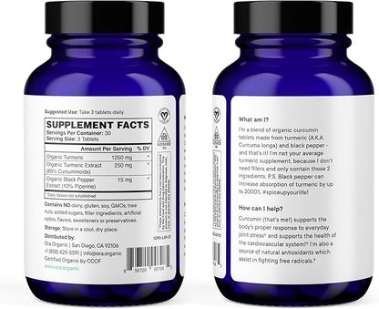 Ora Organic Turmeric Curcumin with Piperine - Pure Extracts for Joint Stress and Cardiovascular Health, Support Healthy Cognitive Function, No Filler Ingredients - 90 Vegan Tablets, 1 Month Supply
