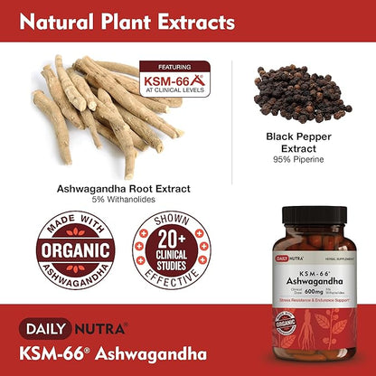 KSM-66 Ashwagandha 600mg Organic Root Extract - High Potency Supplement with 5% Withanolides | Relieves Tiredness, Supports Relaxation, Focus, Energy, & Muscle Growth (90 Capsules)