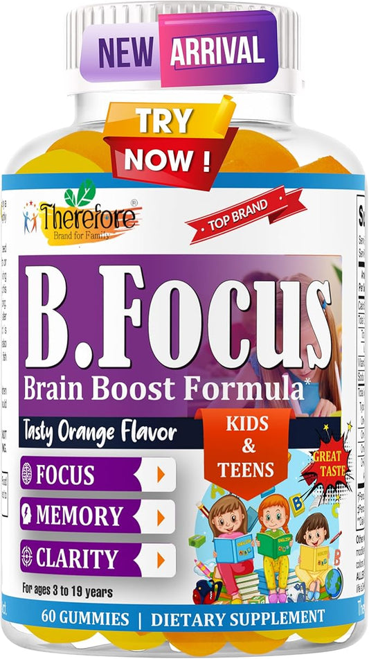 Therefore Kids Brain Booster Supplement Omega 3 for Kids & Teens, Focus Gummies Support Mental Clarity, Attention Concentration, Brain Supplements for Memory and Focus, Fruity Flavor 60 Gummy