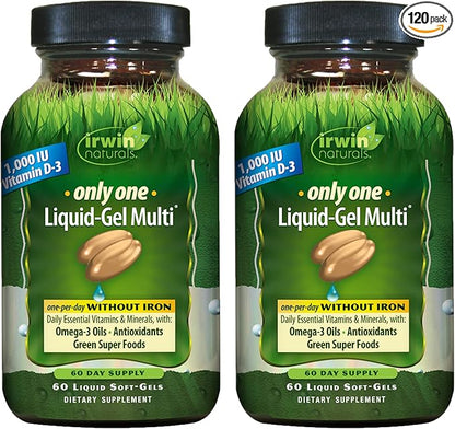 Irwin Naturals Only One Liquid-Gel Multi Without Iron - 60 Liquid Soft-Gels, Pack of 2 - Omega-3 Oils, Antioxidants & Green Super Foods - 120 Total Servings