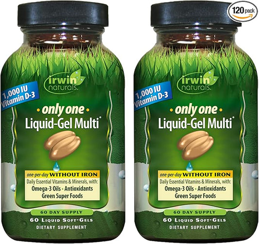 Irwin Naturals Only One Liquid-Gel Multi Without Iron - 60 Liquid Soft-Gels, Pack of 2 - Omega-3 Oils, Antioxidants & Green Super Foods - 120 Total Servings