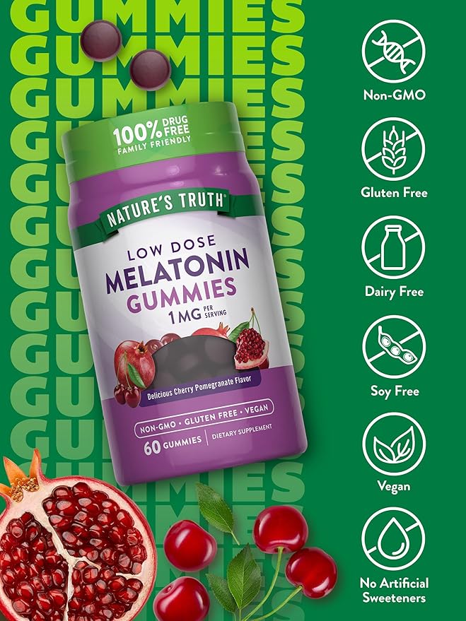 Nature's Truth Melatonin Gummies | 1mg | 60 Count | Cherry Pomegranate Flavor | Vegan, Non-GMO & Gluten Free Supplement