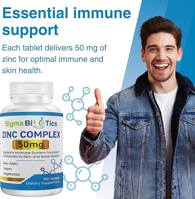 Sigma Biotics High-Potency Zinc 50mg Supplement - Supplements for Immune Support & Skin Health - Non-GMO Mineral Supplement with Zinc Oxide & Citrate - 60 Tablets