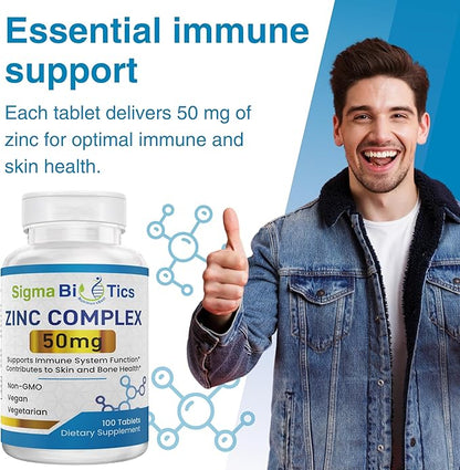 Sigma Biotics High-Potency Zinc 50mg Supplement - Supplements for Immune Support & Skin Health - Non-GMO Mineral Supplement with Zinc Oxide & Citrate - 60 Tablets