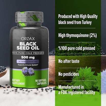ORZAX Black Seed Oil Cold Pressed 100% Pure | Non-GMO - Rich in Omega 3 6 9 & Thymoquinone | Black Cumin Nigella Sativa Oil for Immune Support, Hair, Skin, Face (500 mg - 90 Softgel Capsules)