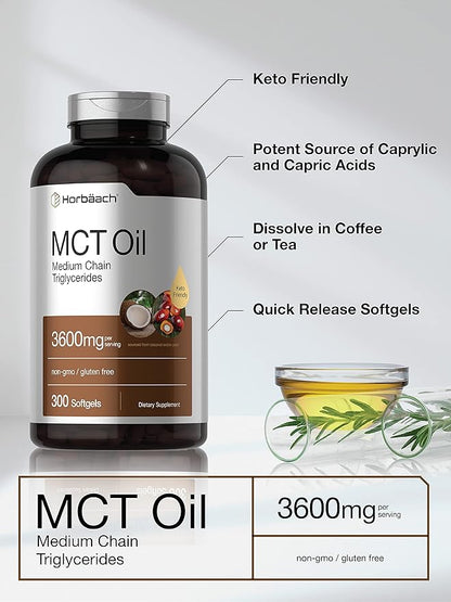 Horbäach Keto MCT Oil Capsules 3600mg | 300 Softgels | Coconut Oil Pills | Non-GMO and Gluten Free Formula | High Potency and Value Size Supplement