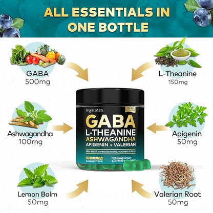 GABA L-Theanine Gummies Natural Stress Relief Supplement - Calm, Sleep, Relaxation & Mood Support, Magnesium, Vitamin B6, Ashwagandha, Apigenin, Non-Habit Forming Sugar free Gummy, Blueberry Flavor