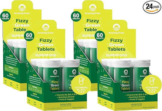 Amazing Grass Fizzy Green Tablets Superfood Lemon Lime: Green Superfood Water Flavoring Tablet with Antioxidants & Alkalizing Greens, 60 Count (Packaging May Vary) (Pack of 4)