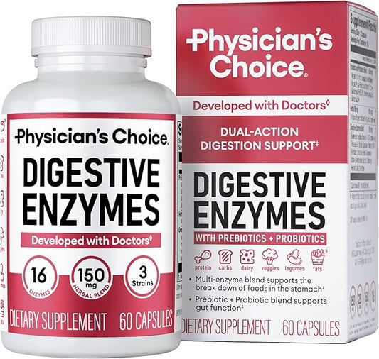 Physician's CHOICE Digestive Enzymes - Multi Enzymes, Organic Prebiotics & Probiotics for Digestive Health & Gut Health - Meal Time Discomfort Relief & Bloating - Dual Action Approach - 60 CT