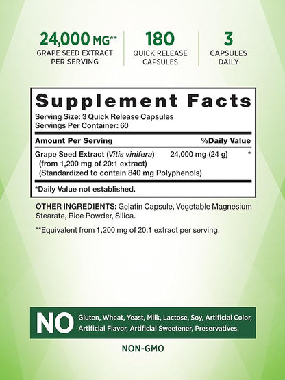 Nature's Truth Grape Seed Extract 24,000 mg | 180 Capsules | Standardized Supplement | Non-GMO & Gluten Free Formula