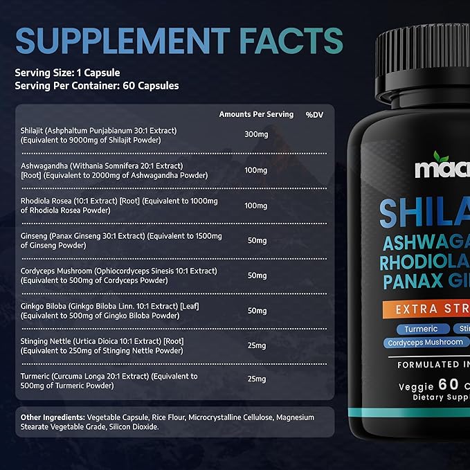 Pure Himalayan Shilajit for Men and Women 8-in-1 Supplement, Organic Himalayan Shilajit Capsules with Ashwaganda, Rhodiola Rosea and Panax Ginseng for Energy-Stamina- 60 Veggie Capsules