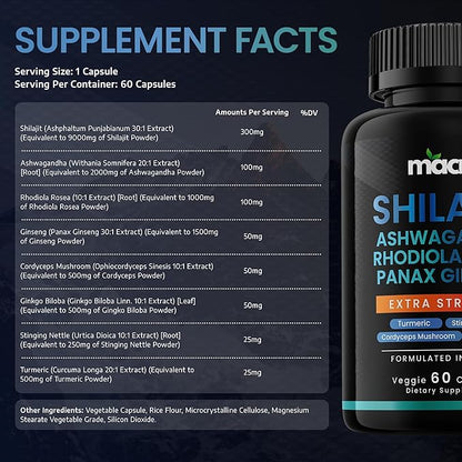 Pure Himalayan Shilajit for Men and Women 8-in-1 Supplement, Organic Himalayan Shilajit Capsules with Ashwaganda, Rhodiola Rosea and Panax Ginseng for Energy-Stamina- 60 Veggie Capsules