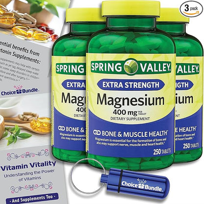 Spring Valley Magnesium Bone & Muscle Health Dietary Supplement Tablets 400 mg 250 Ct 3 pk Choice Bundle (750 Total) + “Vitamin Vitality” Guide & Pill Container (5 Items)!