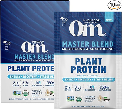 OM MUSHROOM SUPERFOOD Master Blend Mushrooms & Adaptogens, Creamy Vanilla Plant Protein, Single Serve, 10 Count, 10 Mushroom Complex, Lion's Mane, Ashwagandha for Energy, Recovery, Stress Relief