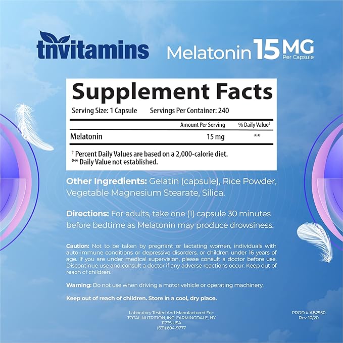 Melatonin 15 MG Per Capsule (240 Capsules) | All-Natural Sleeping Pills for Adults | Extra Strength Melatonin | Nighttime Sleep Aid | Natural Sleep Support Supplement