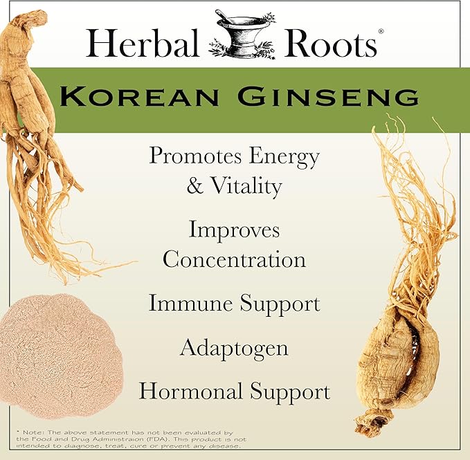 Herbal Roots Panax Ginseng | Organic Korean Ginseng Root Powder | 1000mg | High Ginsenosides for Energy & Performance | 60 Vegan Capsules