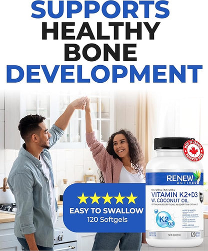 Renew Actives D3 K2 Supplement with Coconut Oil 1000 IU per Serving- Promotes Immune Function, Bone Health & Teeth, Enhances Calcium Absorption for Optimal Wellness - Made in Canada - 120 Softgels