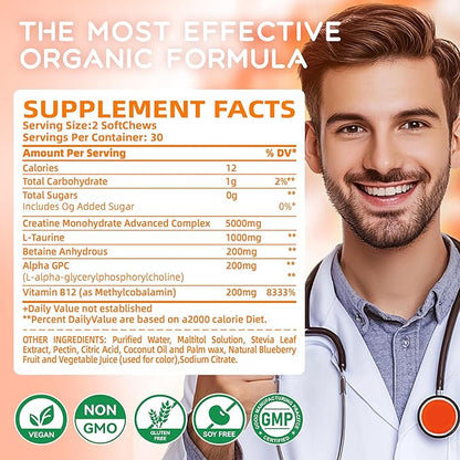 Creatine Monohydrate Soft Chews Complex 6400mg for Men & Women -Advanced Formula W/L-Taurine + Vitamin B12, Sugar Free Chewable Supplement,60 Orange Softchews
