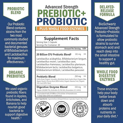 Prebiotics and Probiotics with Whole Food Enzymes for Adults Women & Men - Probiotics Lactobacillus Acidophilus - Digestive Health Capsules Shelf Stable Supplement - Non-GMO Gluten & Dairy Free -30ct