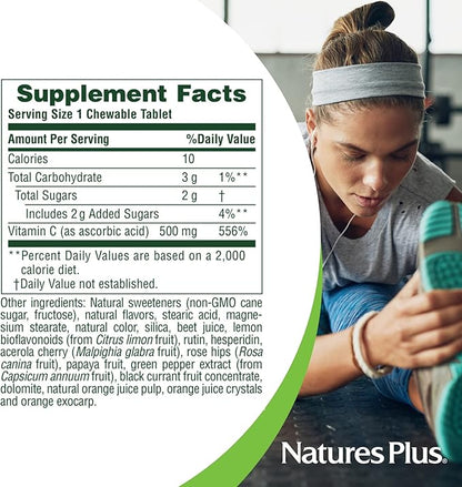 Natures Plus Orange Juice Chewable Vitamin C - 500 mg, 90 Tablets - High Potency Immune & Vascular Health Support Supplement, Antioxidant - Gentle On Stomach - Vegetarian, Gluten-Free - 90 Servings