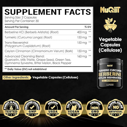 Berberine Supplement. Added Turmeric Curcumin, Trans-Resveratrol & More - Support Gastrointestinal, Body Management & Immune System - 60 Capsules