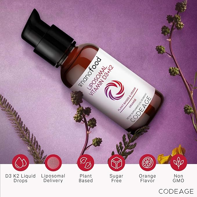 Codeage Liquid Vitamin D3 K2 Supplement, Liposomal Vitamin D Cholecalciferol, Menaquinone MK-7, Liquid Vitamin K - Vegan & Non-GMO - No Sugar - 2 fl oz