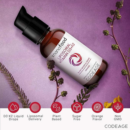 Codeage Liquid Vitamin D3 K2 Supplement, Liposomal Vitamin D Cholecalciferol, Menaquinone MK-7, Liquid Vitamin K - Vegan & Non-GMO - No Sugar - 2 fl oz