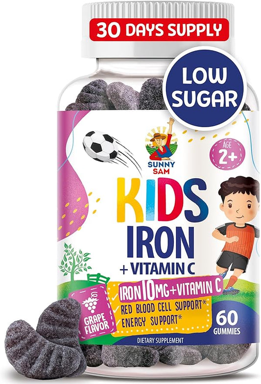 SUNNY SAM Iron Gummies for Kids & Teens - 10mg Iron Vitamins with Vitamin C - Low-Sugar Chewable Gummy Supplement for Immune Support, Supports Red Blood Cell Production for Children & Teen Girls