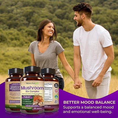 10-in-1 Mushroom 10x Complex Supplement | Lions Mane, Reishi and Cordyceps & More | Nootropic for Brain Health, Memory & Focus | Immunity & Energy - (120 Capsules - 60 Day Supply)