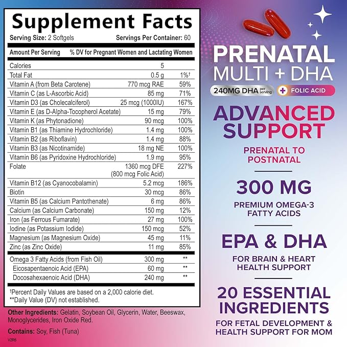 Prenatal Vitamins for Women with Folate & DHA, Prenatal Multivitamin Supports Brain Development with Folic Acid, Omega 3, Vitamin A, C, D, B6, B12 & Iron, Pregnancy Supplement, Non-GMO - 120 Softgels