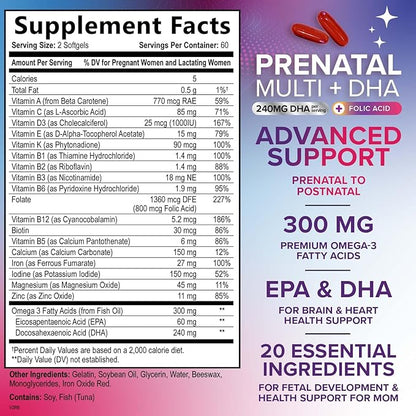 Prenatal Vitamins for Women with Folate & DHA, Prenatal Multivitamin Supports Brain Development with Folic Acid, Omega 3, Vitamin A, C, D, B6, B12 & Iron, Pregnancy Supplement, Non-GMO - 120 Softgels
