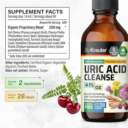 BIO KRAUTER Uric Acid Support Tincture - Natural Kidney Supplement w/Tart Cherry, Milk Thistle, Turmeric Herbal Liquid Extracts - Vegan Drops 4 Fl.Oz.