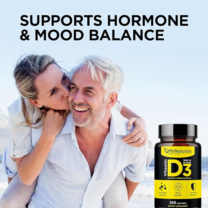 PhiNaturals Vitamin D3 1000iu Softgels Supplement Olive Oil Base 365 Gel Caps One Year Supply of VIT D, Vitamina D 3 1000 iu