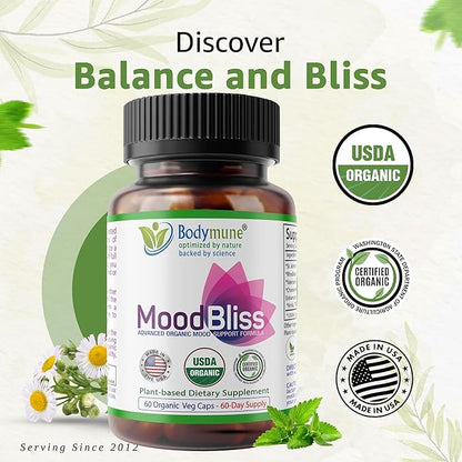 MoodBliss Mood Support Supplement, USA-Made USDA Organic Plant-Based Superfood for Stress Relief, Calm Mind & Body w/St John’s Wort Rhodiola Ashwagandha Valerian Medicinal Oils & More 60 ct